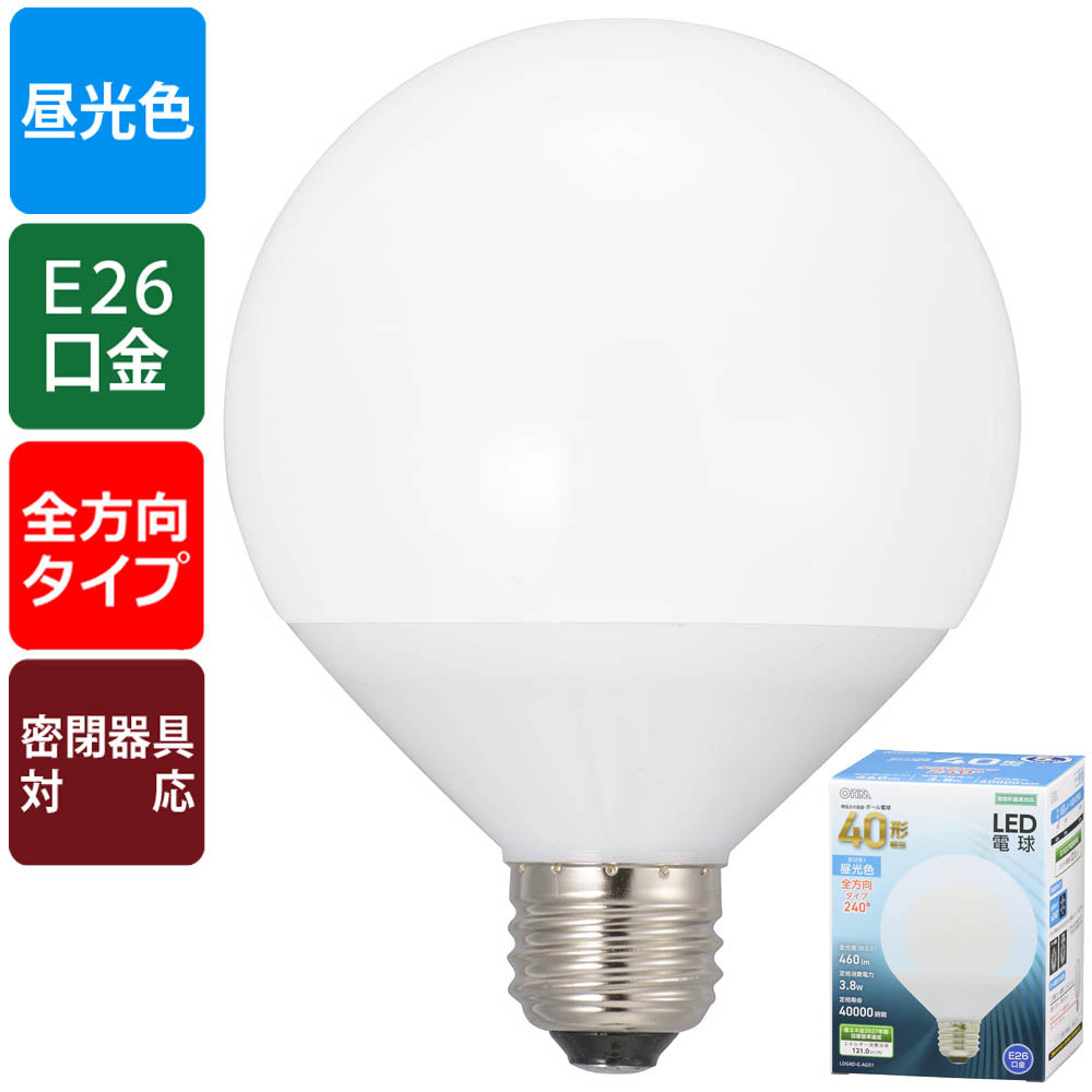 LED電球 ボール球形(40形相当/460Lm/3.8W/昼光色/E26/全方向配光240°/密閉形器具対応)_06-3163_LDG4D-G AG51_OHM(オーム電機)